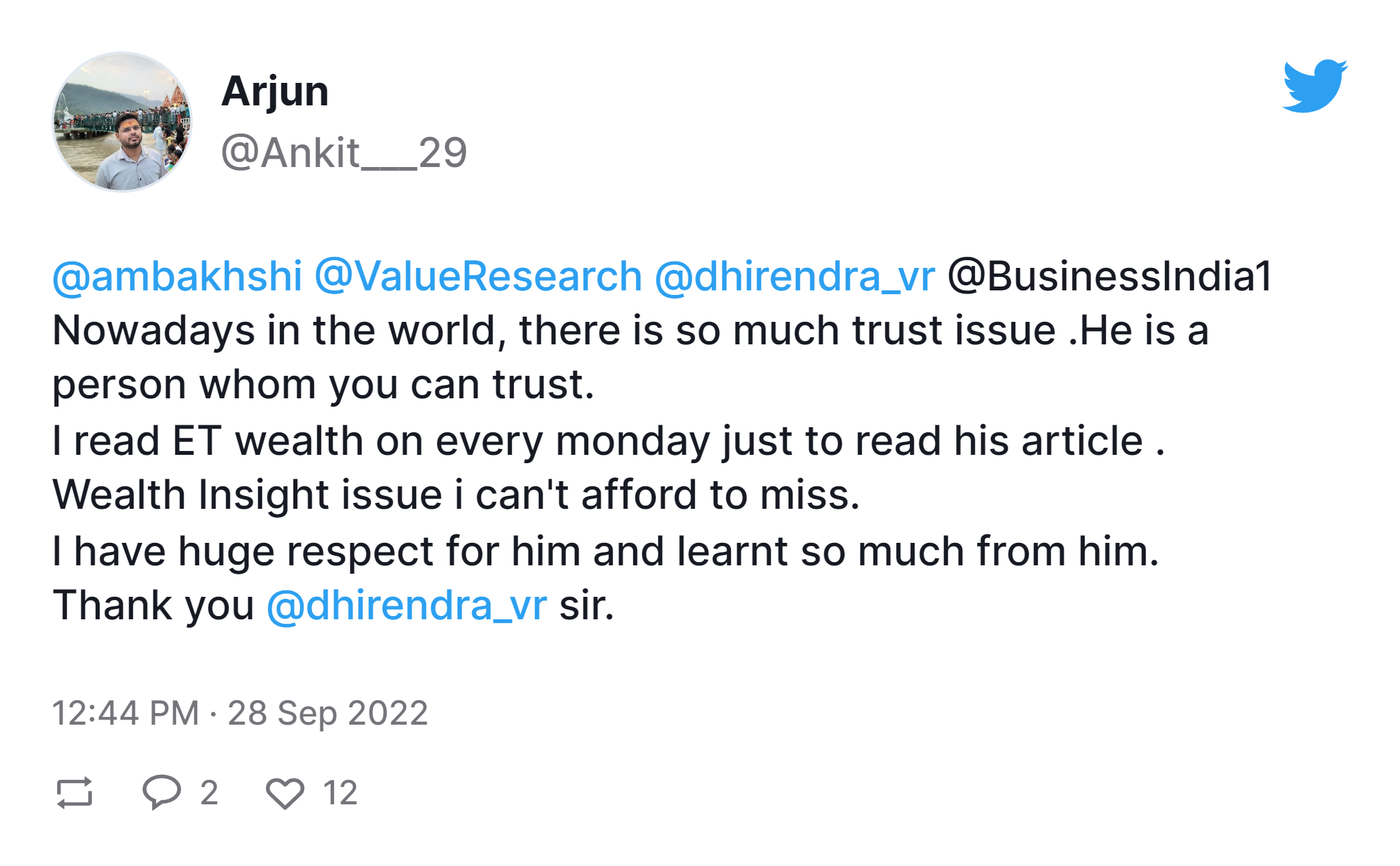 Arjun post about value research