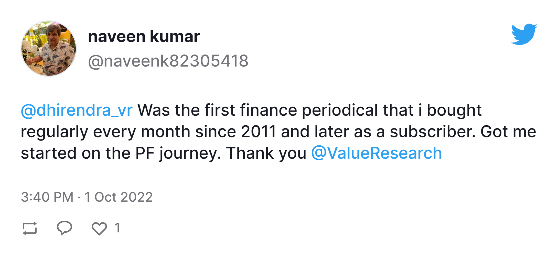 naveen kumar twitter post about value research