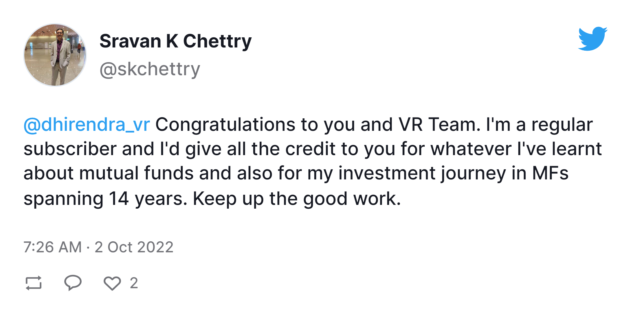 Sravan K Chettry twitter post about value research